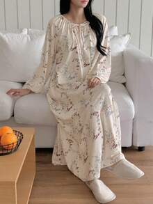 DAZY Plant Pattern Full Print Ruched Drawstring Neck Lantern Sleeve Long Loose Women Nightgown - White - View 1