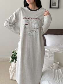 DAZY 英文猫咪印花宽松长袖睡裙，女士睡衣连衣裙 - 淺灰色 - 查看 6