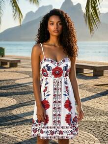 CAJUNI Váy du lịch không tay họa tiết hoa - Đỏ - Xem 1