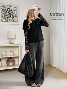 Easowa 圆领蕾丝拼接二合一长袖套头T恤，休闲宽松优雅通勤复古风女装，2025秋冬新款极简主义冬季女式黑色纯色不对称下摆撞色蕾丝优雅T恤缎面蕾丝黑色T恤 - 黑色 - 查看 5