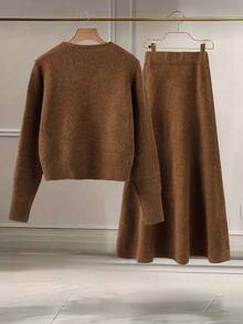 Franclia Women's Autumn/Winter Cardigan Long Sleeve Sweater And Long Skirt 2-Piece Set - Brown - View 2