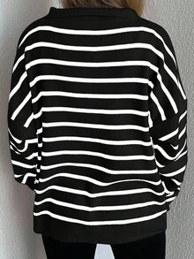 EURMUSE Striped Pattern Drop Shoulder Jumper - Black and White - View 2