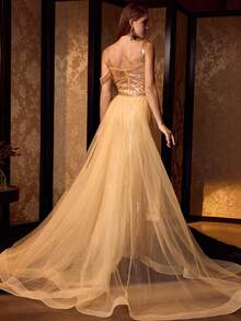 MOTF PREMIUM SEQUIN CONTRAST MESH COCKTAIL PARTY DRESS - Gold - View 3