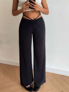 Flirla Women's Casual Drawstring Tie Flared Pants - Black - View 4