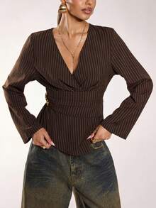 Normani Women's V-Neck Striped Metal Decor Ruched Asymmetric Hem Fashionable Versatile Commuter Bell Sleeve Blouse - Brown - View 1