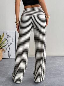 SHEIN EZwear 女士休闲日常条纹裤 - 杏色 - 查看 8