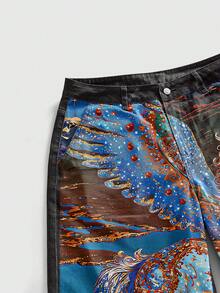 ROMWE MEN Street Life Men's Rhinestone Horse Print Denim Shorts - Black - View 3