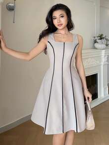 Modelyn Women's Elegant Commuter Contrast Trim Sleeveless Waist Cinched Mini Dress - Khaki - View 4