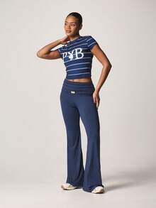 Missguided x Playboy Fold Over Waistband Flare Leg Casual Trousers High Waisted Wide Leg Yoga Pants Spring Summer Fashion - Dusty Blue - View 3