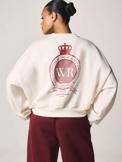 MISSGUIDED 米白色圆领卫衣，饰有酒红色Logo印花，长袖休闲套头衫