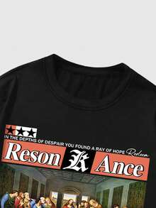 ROMWE MEN 男士街头字母印花圆领长袖休闲T恤，日常穿着 - 黑色 - 查看 5