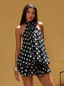 Opulessa 女士波点印花露背吊带迷你连衣裙，时尚度假之选 - 黑色 - 查看 5