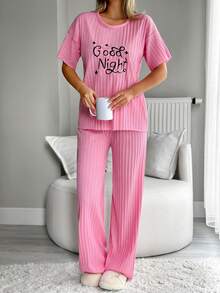 EURMUSE Women COTTON 2 Pcs Letter Slogan Embroidery Detail Rib Knit Detail Homewear Pajama Set - Pink - View 4