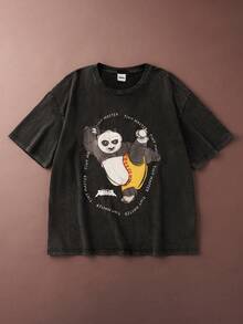 SHEIN Kung Fu Panda Men's Casual Cartoon Panda Print Round Neck Short Sleeve T-Shirt, Summer - Black - View 1