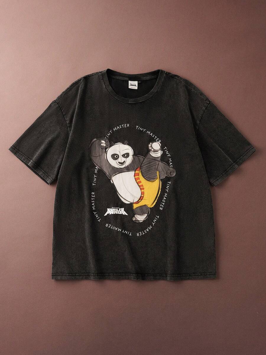 SHEIN Kung Fu Panda Men's Casual Cartoon Panda Print Round Neck Short Sleeve T-Shirt, Summer - Black - View 1