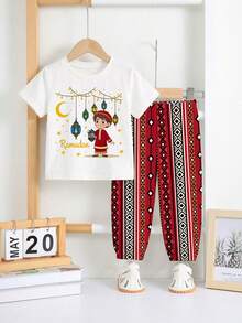 SHEIN 男童休闲复古卡通可爱短袖T恤套装，适合派对、日常穿着、居家、春季、夏季、秋季穿着。 - 白色 - 查看 2