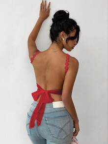 Almamuse 女士纯色无袖交叉露背系带背心 - 紅色 - 查看 6