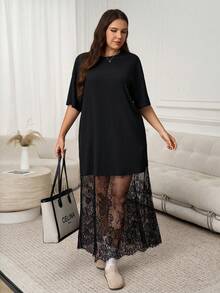 SHEIN LUNE 大码女式圆领短袖撞色蕾丝下摆宽松休闲连衣裙 - 黑色 - 查看 5