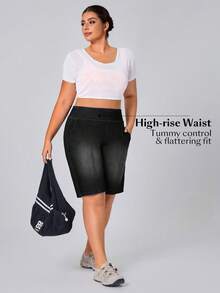 Flexra Plus Size Solid Color Casual Denim Shorts - Black - View 6