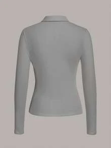 SHEIN BASICS 休闲纯色针织半拉链领长袖修身女式T恤 长袖女式灰色上衣 长袖Polo衫 女式Polo衫 女士Polo衫 - 灰色 - 查看 2