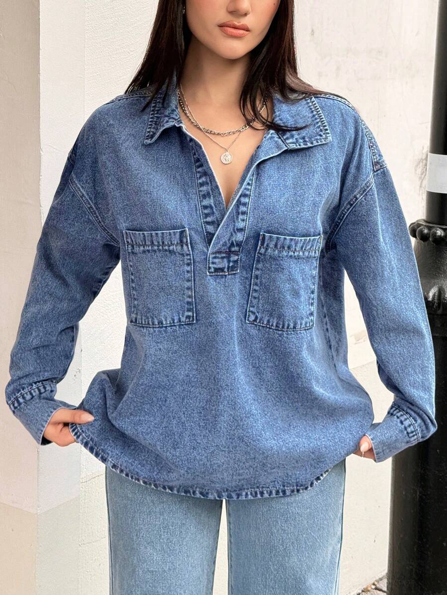 Rivivi 女士时尚立领开襟休闲水洗牛仔衬衫 - 中等水洗藍 - 查看 1