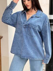 Rivivi 女士时尚立领开襟休闲水洗牛仔衬衫 - 中等水洗藍 - 查看 5