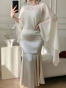 DAZY 女士优雅吊带鱼尾连衣裙配披肩，两件套，春夏款 - 米色 - 查看 7