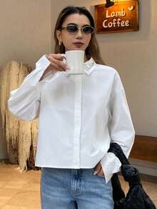 DAZY 女士宽松长袖水钻领优雅衬衫，适合春秋季穿着 - 白色 - 查看 4