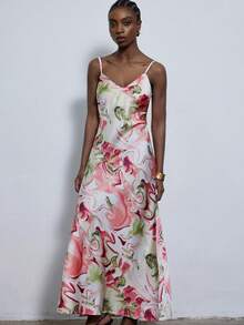 Aveloria Modichic Random Red & White Print V-Neck Camisole Dress, Vibrant Printed Design, V-Neck Camisole Style Flatters Gracefully, Suitable For Vacation, Beach, Summer Party - Multicolor - View 4