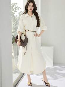 Heiryn New Spring And Summer Casual And Elegant Commuting, Daily Dates, Birthday Parties, Office Wear, Simple And Modern Urban Intellectual Style, Shirt Collar, Lapel, Opening Front, Long Sleeves, Loose Fit, Arc Hem, Long Skirt, Shirt Skirt, Light Yellow Long Dress For Women  Casual Long Dress White Western Dress White Casual Dress Women Women Shirt Dress - Butter Yellow - View 2