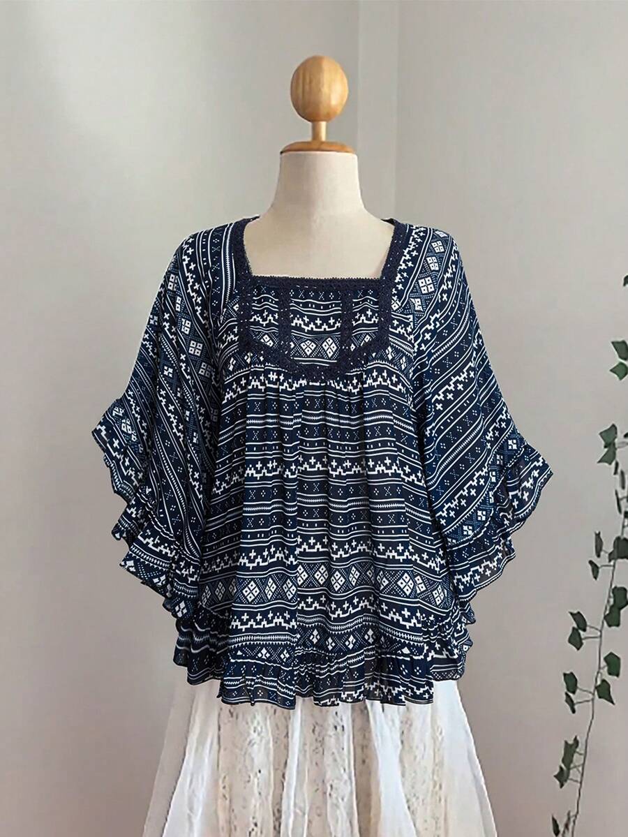 Sunspun Camisa suelta con estampado de estilo retro para tallas grandes - Multicolor - Ver 1