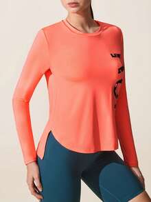 SHEIN Sports 女士极简印花圆领长袖运动上衣 - 橘色 - 查看 4