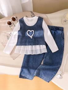 Elladie kids Young Girls Fashion Cute Little Heart Pattern Sleeveless Vest Camisole With White Long Sleeve Round Neck Top And Casual Denim Pants Jeans Set Kids Long Sleeve Sets Childrens Jeans Set 2 Piece Denim Sets Girl Clothes Set Little Girl Denim Set Daddy's Valentine Kids Jeans Set Childrens Denim Outfit - White - View 1