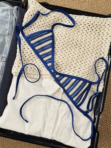 Swim Mod Unique Fabric Halter Tie Bandeau Bikini Top, Fashionable & Sexy Swimwear - Multicolor - View 4