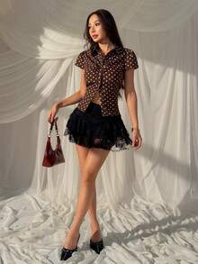 SHEIN EZwear 棕色梭织波点修身女式衬衫 - 咖啡棕 - 查看 4