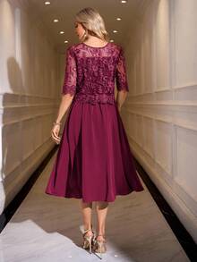 SHEIN Clasi Vestido de manga corta con cuello redondo de unicolor y encaje elegante - Burdeos - Ver 2