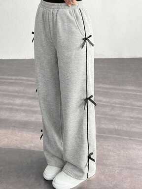 SHEIN Tween Girls' Contrast Color Bow Loose Straight Leg Sweatpants, Casual & Versatile For Everyday Wear