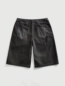 ROMWE MEN Street Life Men's Rhinestone Horse Print Denim Shorts - Black - View 2