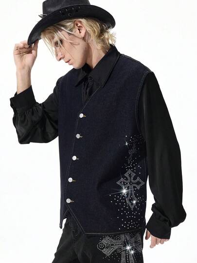 Street Life Veste en jean décontractée pour hommes avec décoration de croix en strass, polyvalente et