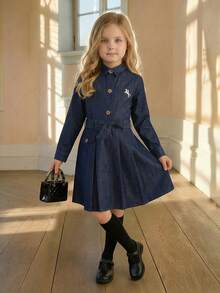 PrepCrw Young Girls' Embroidered Button-Front Long Sleeve Dress, Collegiate Style - Blue - View 1