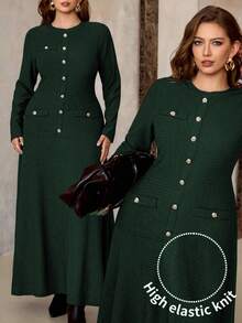 Roveilla Sophisticated Plus Size Dark Green Long Dress With Button Front Details And Round Neckline - Dark Green - View 8