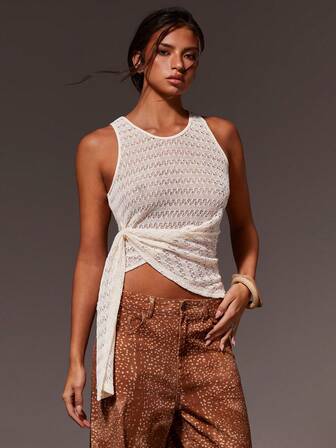 Athîral 女士休闲系带纯色镂空圆领吊带衫