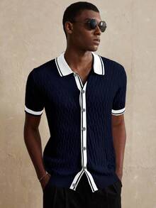 Manfinity Homme 男士时尚休闲撞色纽扣短袖针织衫 男士针织衬衫 男士短袖衬衫 蓝黑白衬衫 男士俱乐部服装 藏蓝色男士衬衫 - 寶藍色 - 查看 4