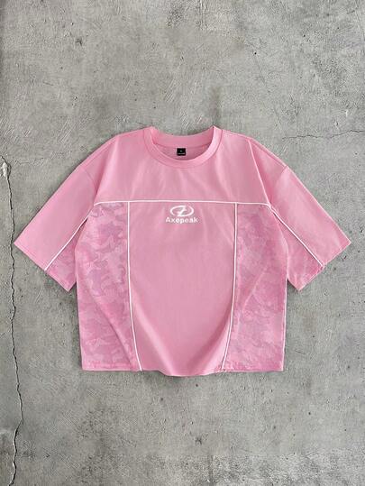 AXEPEAK Men's Casual Jacquard Patchwork Short Sleeve T-Shirt, Summer