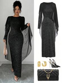 SHEIN Franclia Women's Round Neck Shiny Mesh Shawl Design Elegant Luxurious Maxi Party Dress - Multicolor - View 3