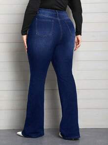 EMERY ROSE Plus Size Women Elastic Waist Jeans, Multiple Button Design Skinny Flare Pants - Dark Wash - View 2
