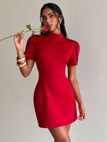 Aloruh Women's Solid Red Elegant Petal Sleeve Backless Bow A-Line Mini Dress, Valentine's Day - Red - View 5