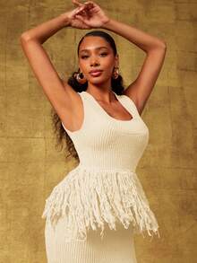 Vixey Fringe Hem Rib Knit Sleeveless Peplum Top - Apricot - View 3