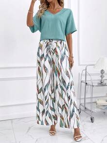 SHEIN Clasi 女士新款优雅纯色V领宽松上衣和阔腿裤两件套 - 彩色 - 查看 4