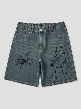 Street Life Men's Spider Printed Denim Shorts Jorts, Y2K Fashion, School, Halloween
